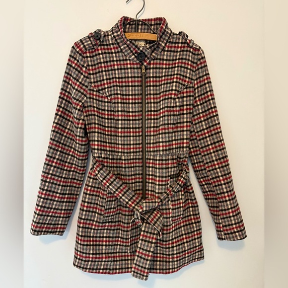 Tulle Jackets & Blazers - Anthropologie Tulle Plaid Red & Black Plaid Tie Waist Coat Women’s Size S